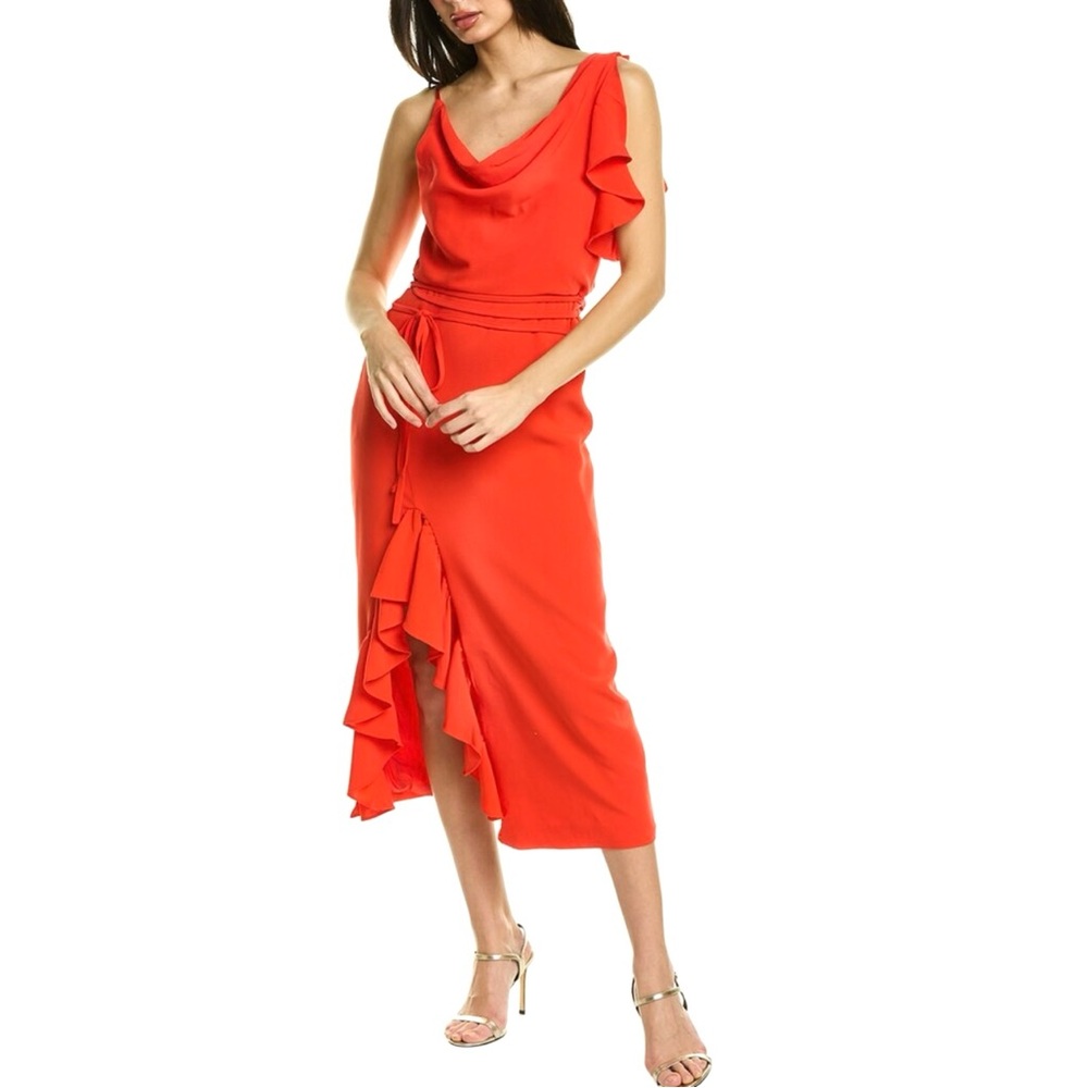 NWT Cinq à Sept Lavonne Cowl Neck Ruffled Slit Belted Chili Red Midi Dress